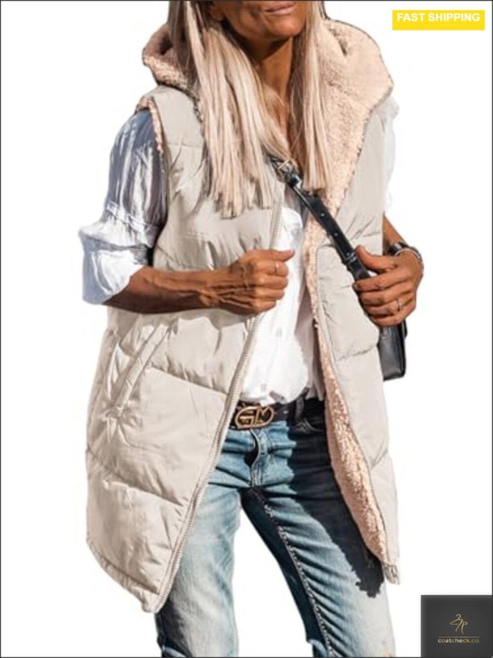Women's Fleece Reversible Hooded Zip Up Vest Winter Coat